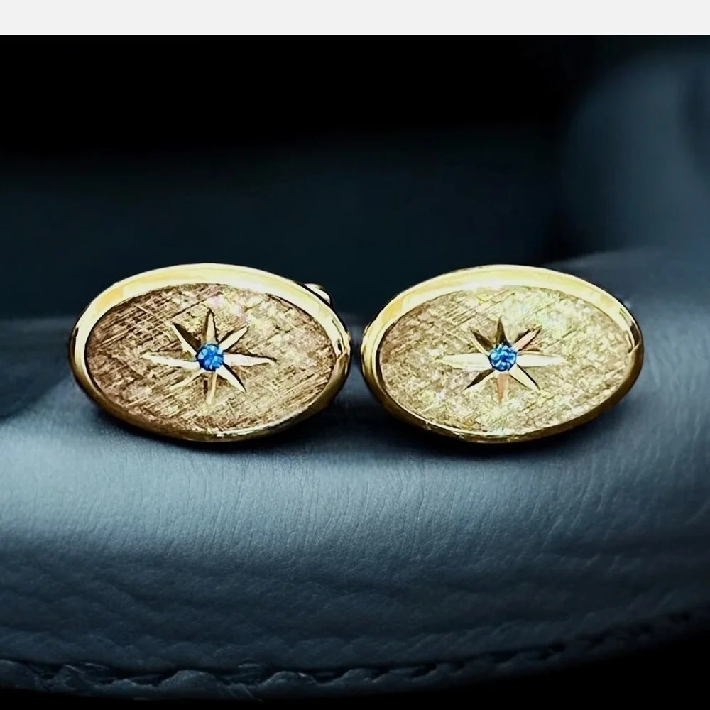 Mens Vintage Gold Tone Starburst Cufflinks with Blue Rhinestones